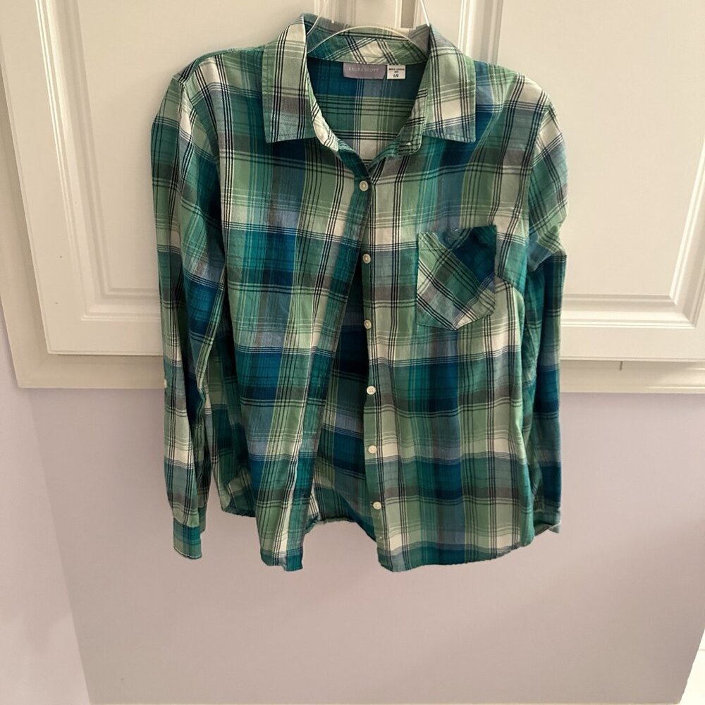 Laura Scott Women's Plaid Button-Up Shirt‎ Size XL | Casual Long Sleeve Top